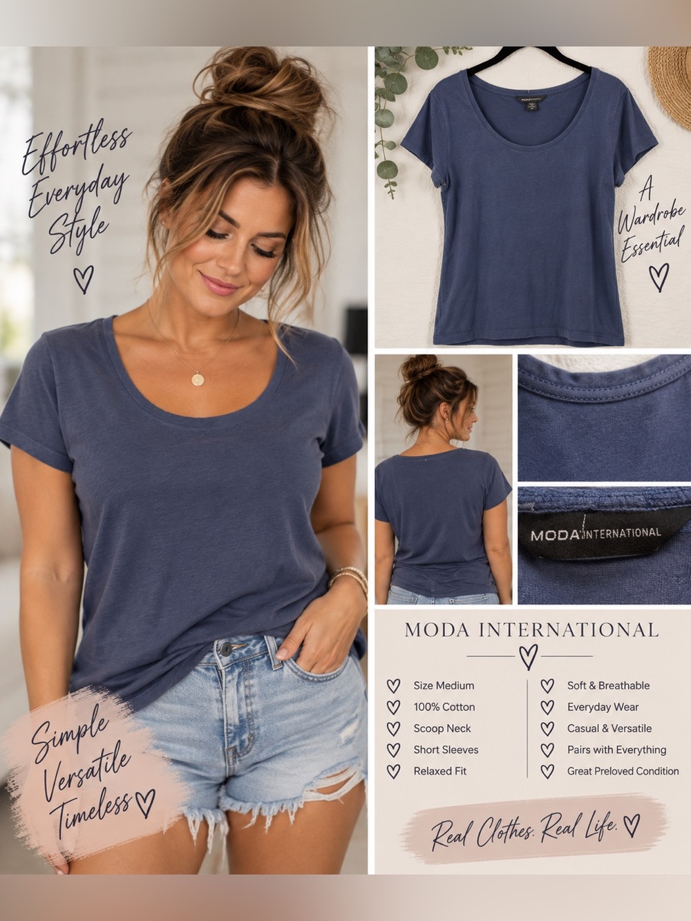 Moda International Women’s Blue 100% Cotton Scoop Neck Tee Size M
